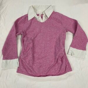 NY Collection Pink Knit Sweater Side Cinched White Collar Cuffs Women's Size M
